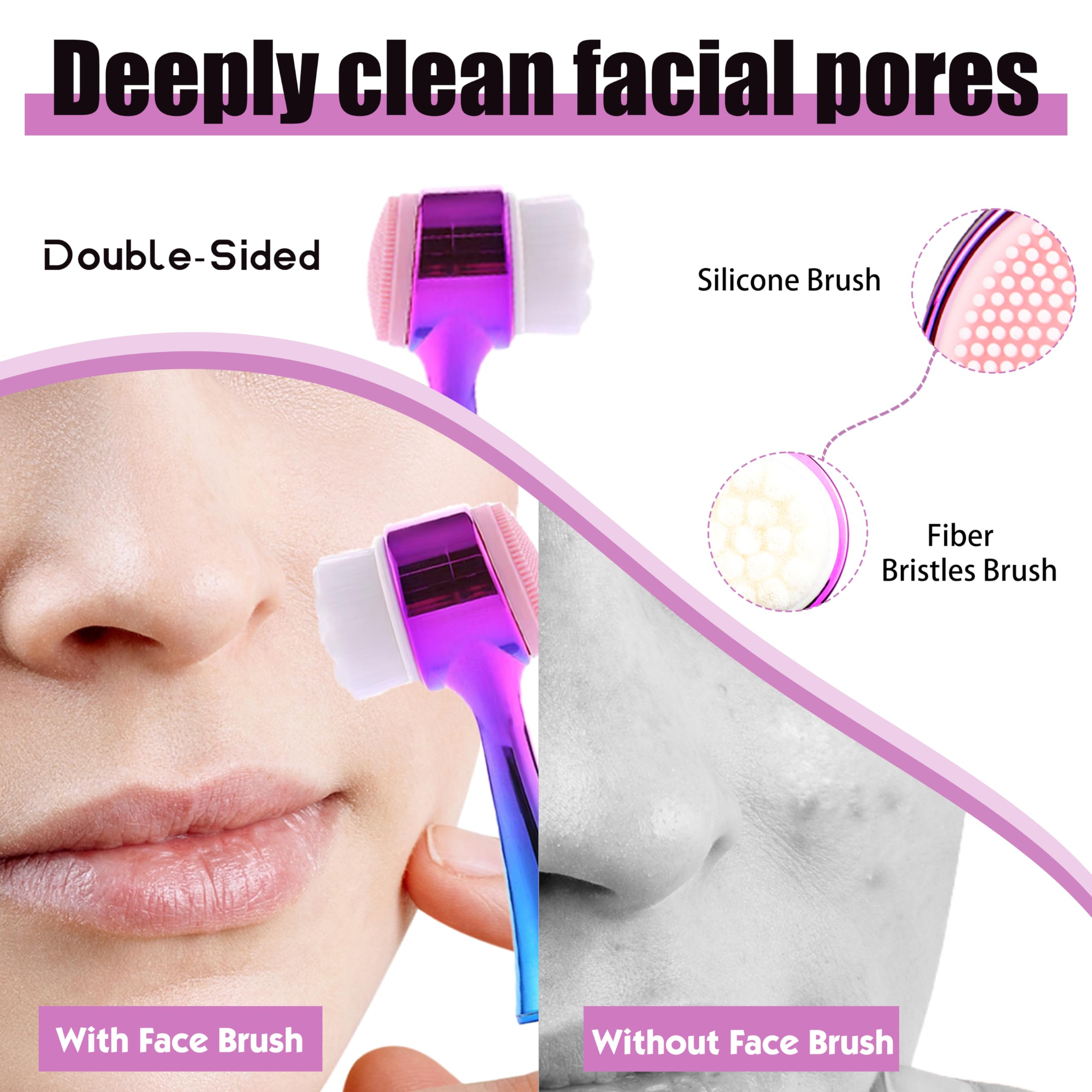 Facial Cleansing Brush 2 in 1Double-Sided Facial Cleaning Brush with Soft Bristles for Deep Pore Exfoliation, Wash Makeup, Massaging (Blue&Purple5PCS)
