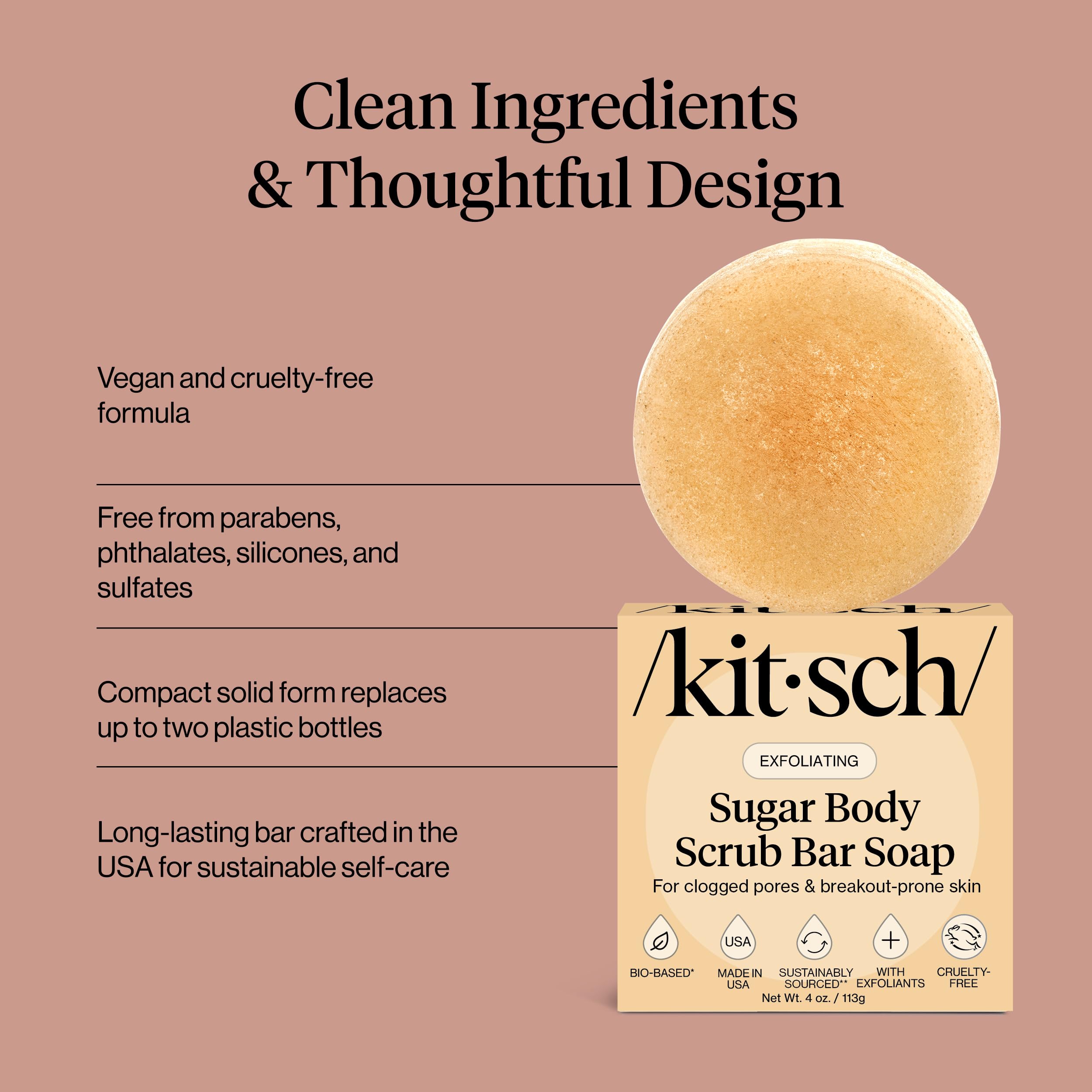 Kitsch Exfoliating Sugar Body Scrub Bar Soap – Polishing Soap Bar with Granules, Walnut Shell & Coconut Oil – Hydrating Exfoliating Body Scrub for Smooth, Glowing Skin Care – Made in the USA - 4 oz