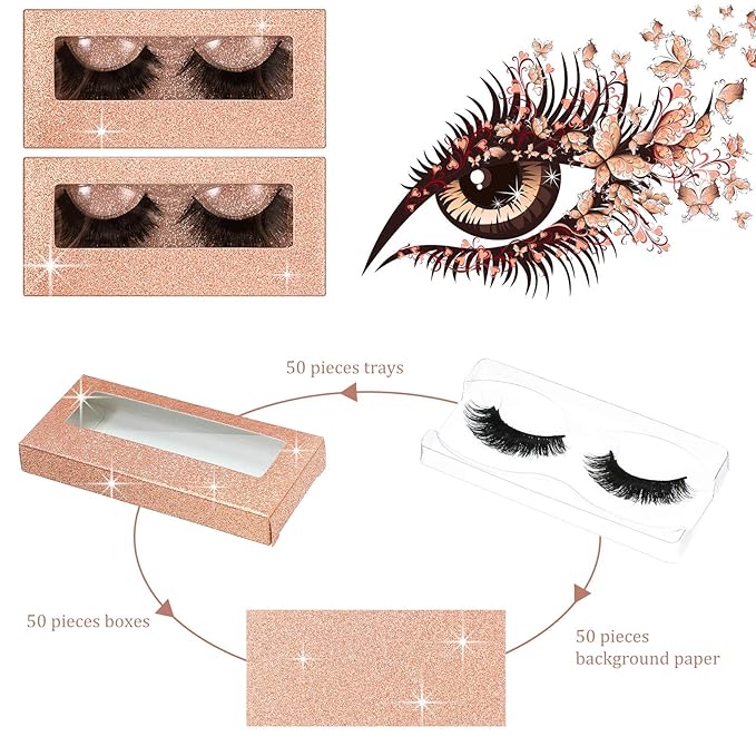 Maitys 50 Sets Empty Lash Case Set, Include Empty Eyelash Box Packaging Storage Box, Eyelash Boxes Tray False Storage, Internal Background Paper(Champagne Gold)