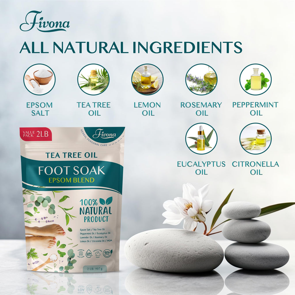 Foot Soak Epsom Salt with Tea Tree Oil 2 LB - Epsom Salt with Essential Oils for Healthy Toenails, Soothing Relief, Callus Softening - Pedicure Therapy for Soft, Rejuvenated Feet