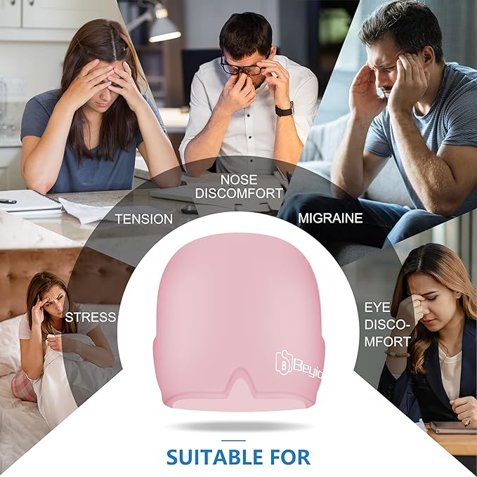 Migraine Relief Cap, All Around Gel Covered Reusable Headache Relief Cap, Black Migraine Cap for Headache Relief, Puffy Eyes (Pink)