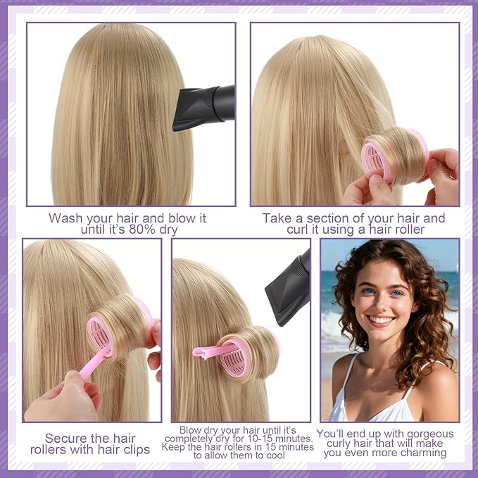 5 Size Hair Rollers for Women, 64 Pcs Self Grip Hair Rollers Hair Curlers to Sleep In with Clips for Long Medium Short Hair