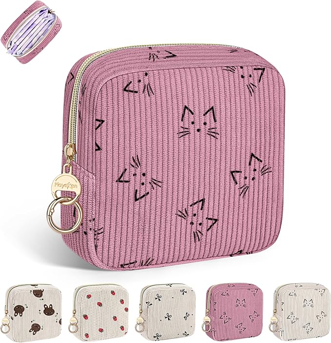 Period Bag for Teen Girls, Corduroy Cute Cats Sanitary Napkin Storage Bag, Menstrual Pad Pouches Tampon Holder for Purse (Pink)