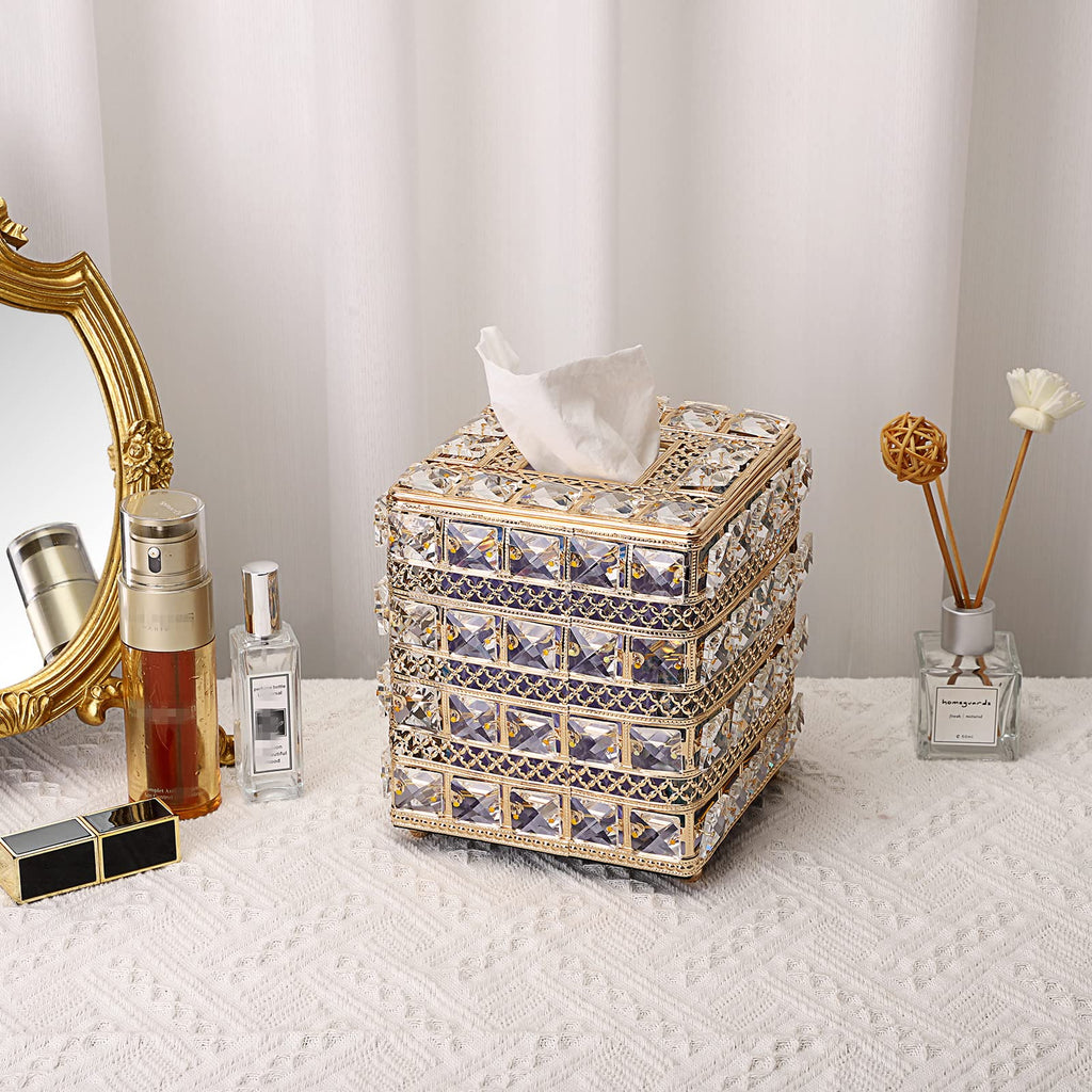 Sumnacon Crystal Square Tissue Box Cover - Sparkling Cube Glass Tissue Box Holder, Decorative Facial Tissue Holder for Bedroom Bathroom Dresser Night Stand Table Office Home Decor, Gold