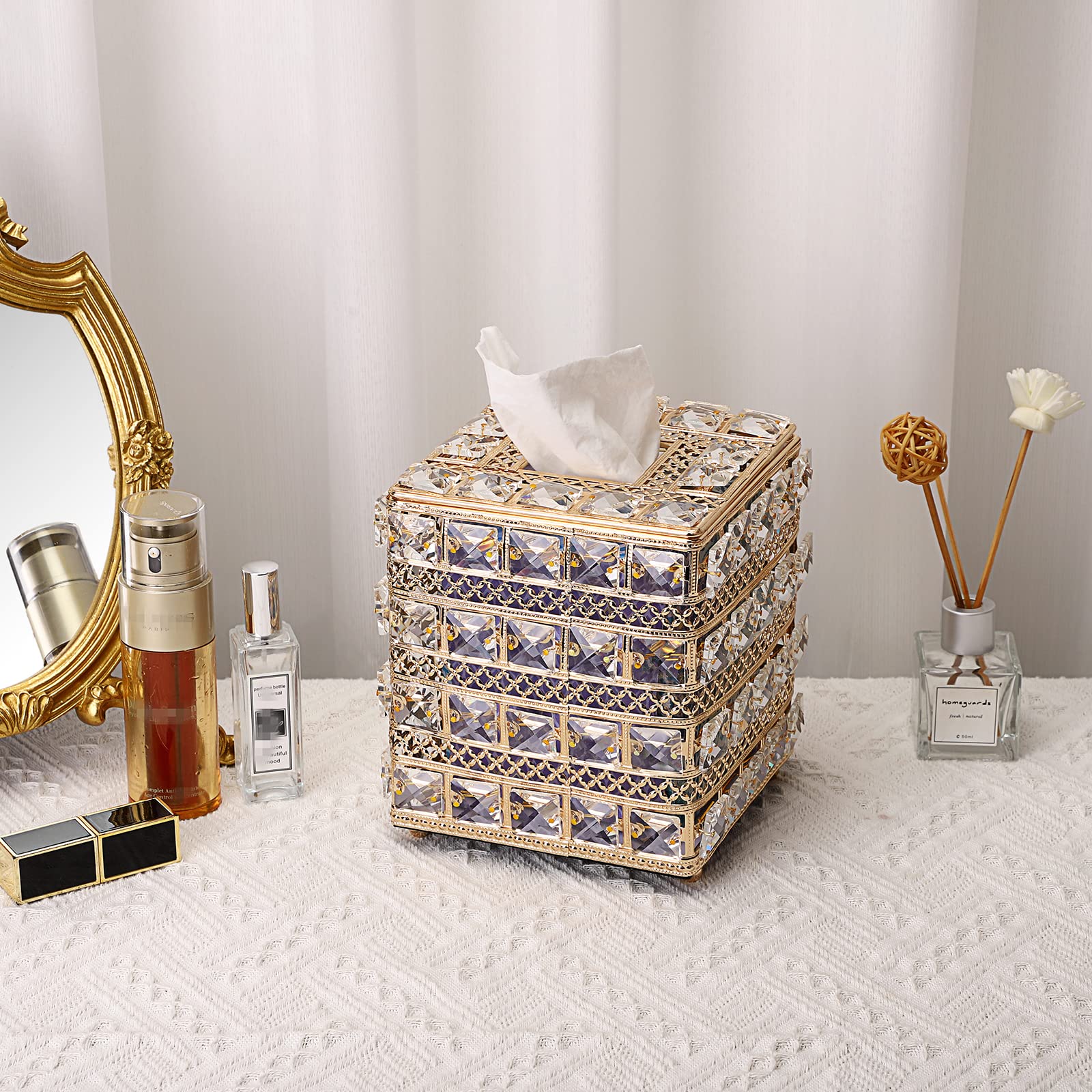 Sumnacon Crystal Square Tissue Box Cover - Sparkling Cube Glass Tissue Box Holder, Decorative Facial Tissue Holder for Bedroom Bathroom Dresser Night Stand Table Office Home Decor, Gold