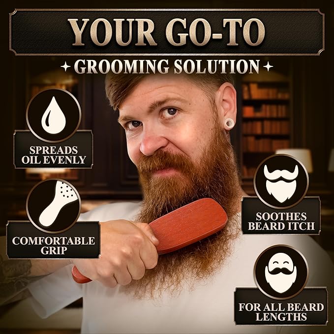 Mens Beard Brush with Handle, 9 in, Soft Boar Bristle, Wooden