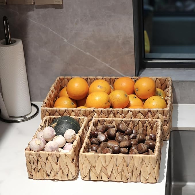 Water Hyacinth Rectangular Storage Basket for Organizing Natural Wicker Baskets for Shelves Pantry Bathroom Set of 3