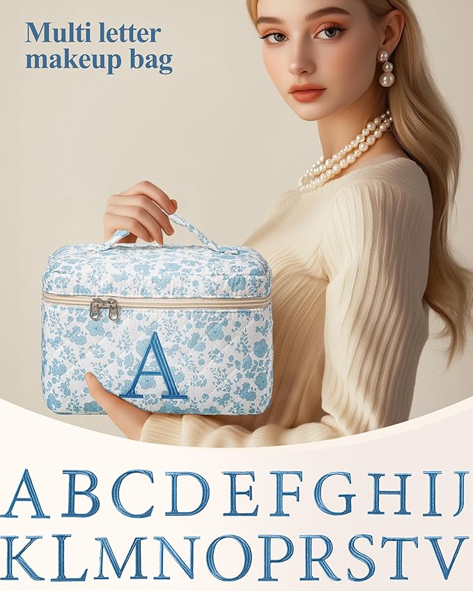 HBselect Initial Quilted Makeup Bag, Cotton Large Travel Makeup Bag, Cute Floral Coquette Make up Bag Cosmetic Bag Toiletry Bag for Women Girls D