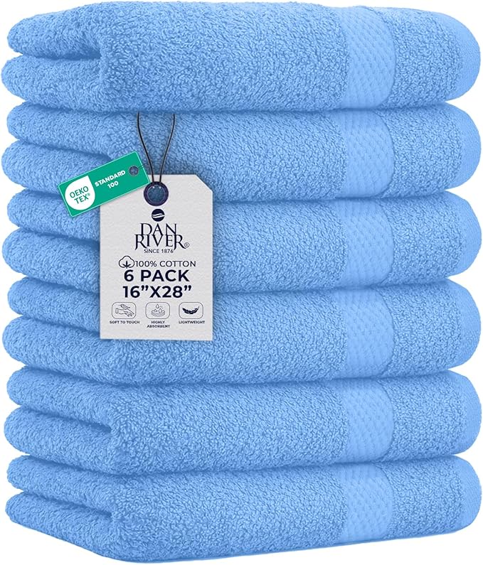 DAN RIVER 6-Pack Premium Hand Towels (16x28 Inches) - 100% Cotton, Ultra Soft, Lightweight, Highly Absorbent Towels for Bathroom, Spa, Gym, Salon, Hotel, and Travel - Medium Blue