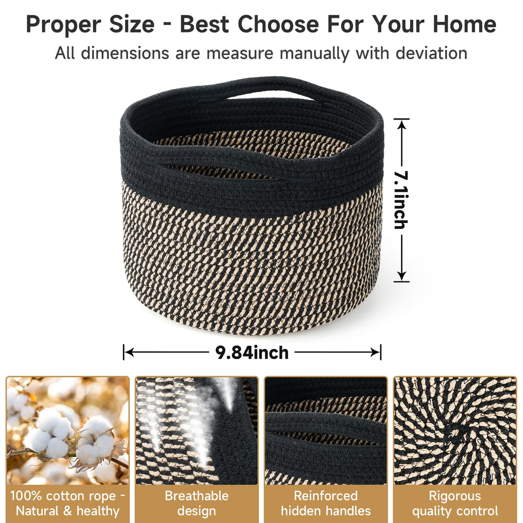 Maxuni 3 Pack Small Rope Storage Baskets, 9.82×9.82×7.1", Brown+Black