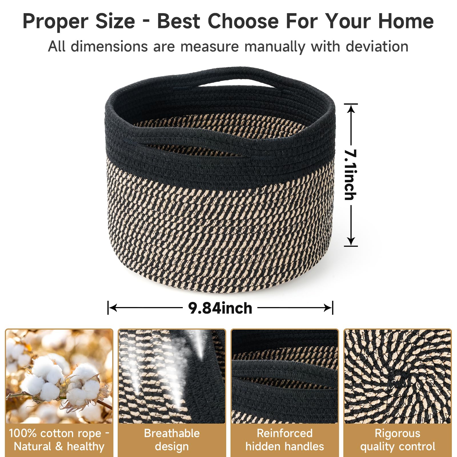 Maxuni 3 Pack Small Rope Storage Baskets, 9.82×9.82×7.1", Brown+Black
