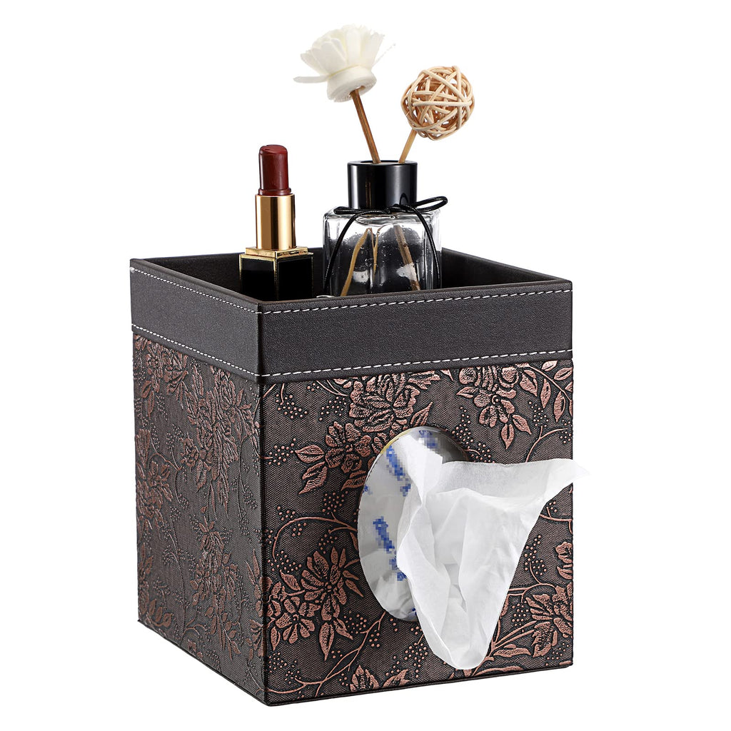 Sumnacon Leather Square Tissue Box Cover - Decorative Cube Tissue Box Holder with Tray, Stylish Facial Tissue Holder for Bathroom Vanity Dresser Table Home Office Bar, Brown Flower