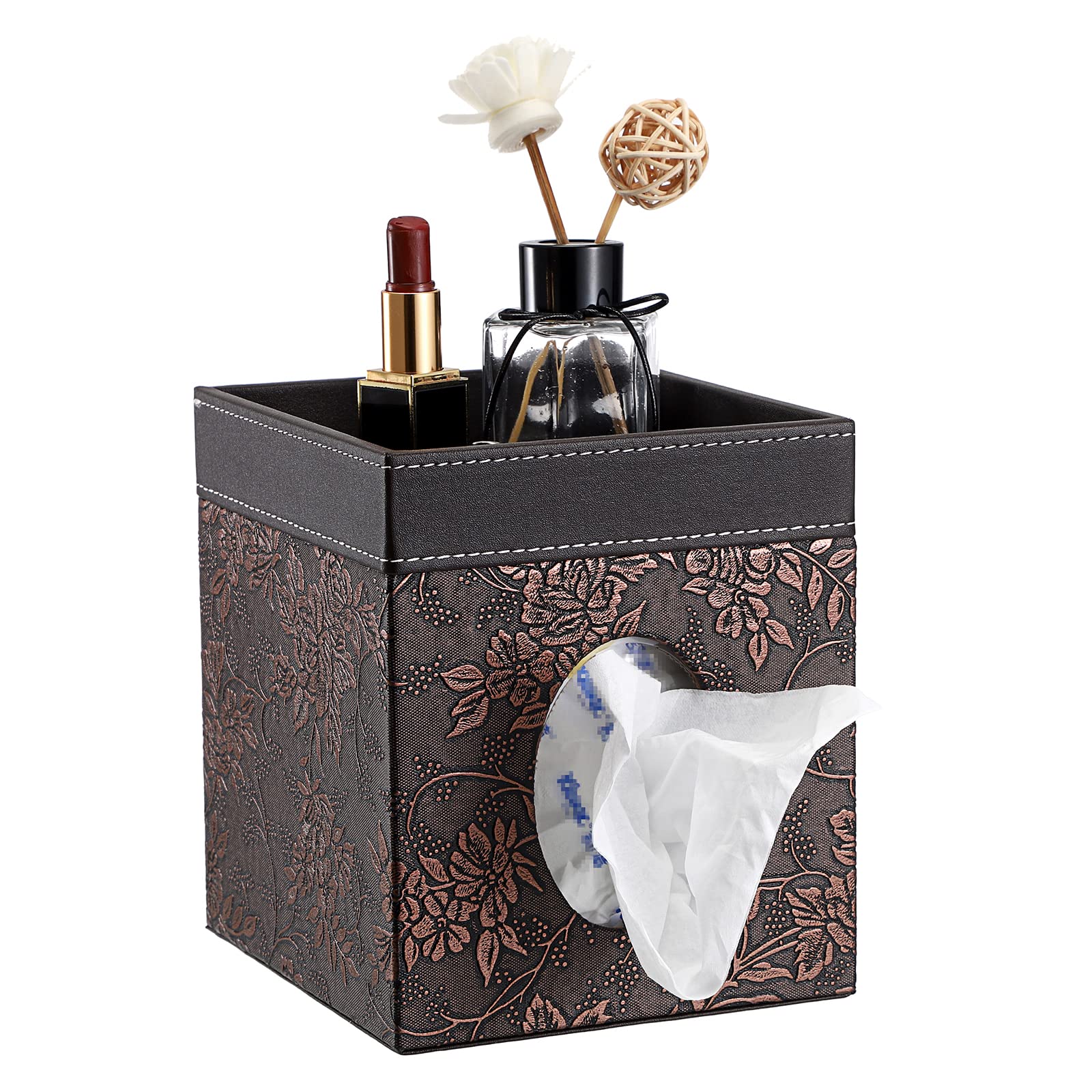 Sumnacon Leather Square Tissue Box Cover - Decorative Cube Tissue Box Holder with Tray, Stylish Facial Tissue Holder for Bathroom Vanity Dresser Table Home Office Bar, Brown Flower