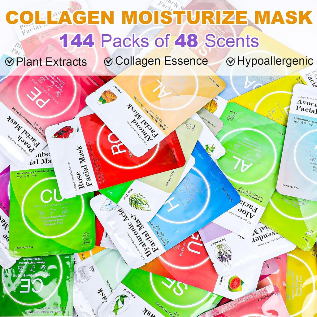 144 Pack Bulk Sheet Face Masks Skincare, Facial Masks for Most Skin Types