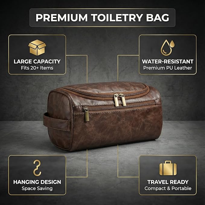 OIMEI Men’s Hanging Toiletry Bag, Large Capacity Travel Dopp Kit Organizer for Business Trip – Waterproof Shaving Bag Multi-Compartment Storage for Grooming Essentials, Bathroom & Gym (Coffee)
