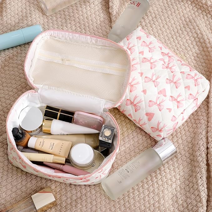 uekeboag 3Pcs Large Travel Quilted Makeup Bag for Women, Floral Cotton Cosmetic Bag, Coquette Aesthetic Floral Toiletry Organizer Bag(3Pcs WhitePink Bow