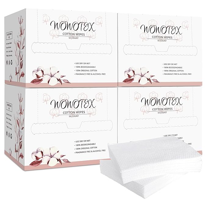 WOWOTEX 100% Cotton Disposable Face Towel 200 Count 10x12 Inch | Biodegradable Thick Soft One Time Use Dry Wipes for Sensitive Skin, Facial Cleaning, Makeup Removal