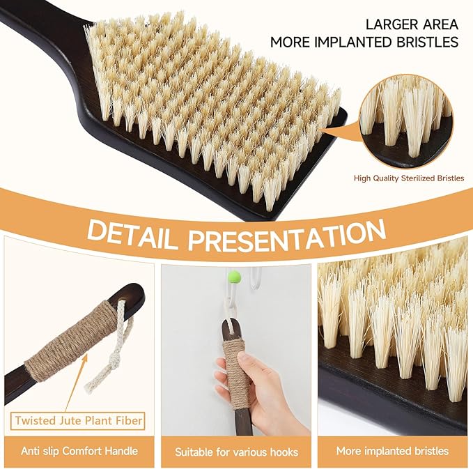 ENAMELEVO Back Scrubber Shower Brush,Dry Brushing Body Brush with 17.7 Inch Curved Long Handle, Natural Bristles for Lymphatic Drainage, Soft & Stiff Bristles Available (Natural Fiber, Medium)