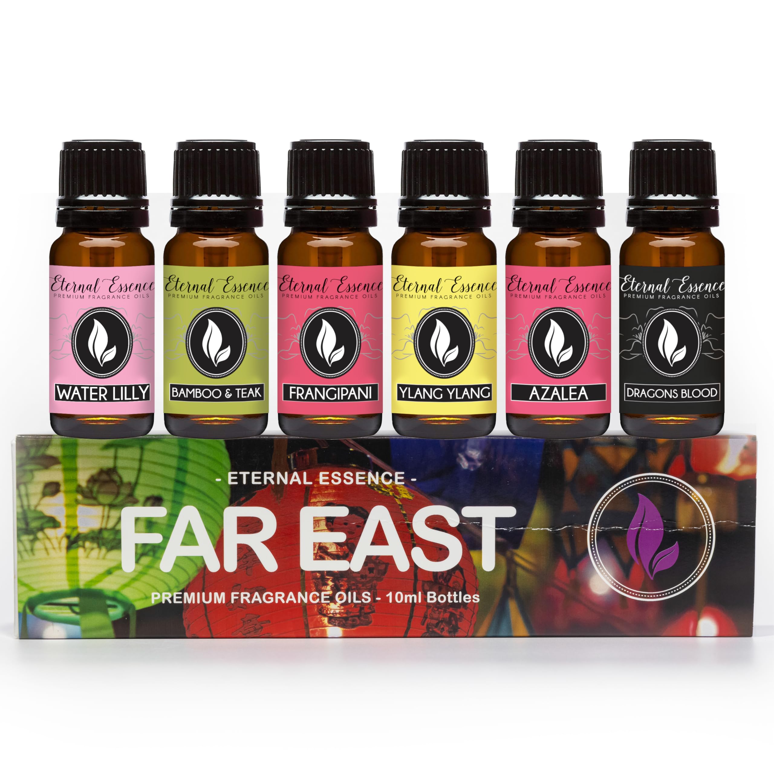 Eternal Essence Oils Far East Set of 6 Premium Fragrance Oils - Includes Water Lily, Bamboo & Teak, Frangipani, Azalea, Ylang Ylang and Dragon's Blood Scented Oils - 10ML