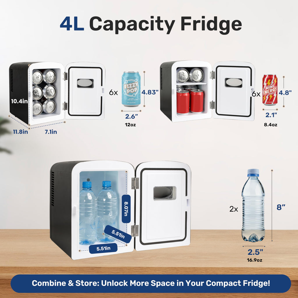 YSSOA 4L/6 Can Portable Mini Fridge with Observation Window, Compact Cooler & Warmer Freon-Free Small Refrigerator, for Skincare, Beverage, Food, Cosmetics, Black