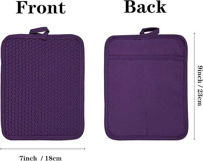 VEIKERY Oven Pot Holder with Pocket Cotton Heat Resistant Coaster Potholder Kitchen Hot Pad Oven Mitts for Cooking and Baking Square 7"x9" (Purple, Silicone)