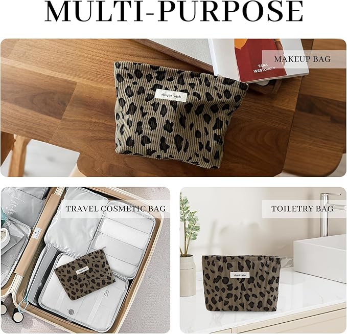 Wudygirl Makeup Bag Travel Cosmetic Bag for Women Small Makeup Pouch with Handle Zipper Cosmetic Pouch Handbag Aesthetic 8.3" x 5.9"(Coffee Leopard)
