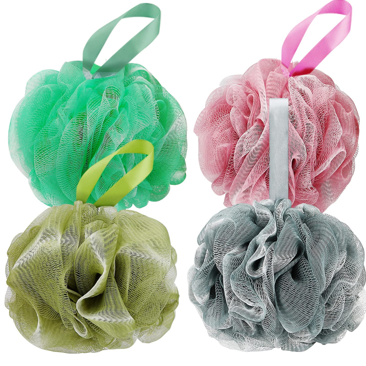 DadyMart Bath Shower Loofah Sponge 60g Bath Mesh Pouf Shower Ball Body Scrubber Exfoliating Bath Sponge for Women and Men, Set of 4, Gold and Grey