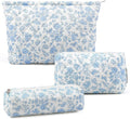 Gocvo 3 Pcs Makeup Bag Cosmetic Bag Set for Girls Women Checkered Travel Organizer Bathroom Toiletry Pouch Large Capacity Storage Bag(Blue Flower)