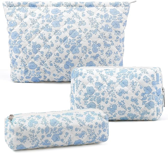 Gocvo 3 Pcs Makeup Bag Cosmetic Bag Set for Girls Women Checkered Travel Organizer Bathroom Toiletry Pouch Large Capacity Storage Bag(Blue Flower)