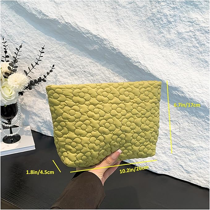HFLZBRO Puffy Quilted Makeup Bag for Women, Cosmetic Bag, Travel Toiletry Organizer Pouch Clutch (Green Flowers)
