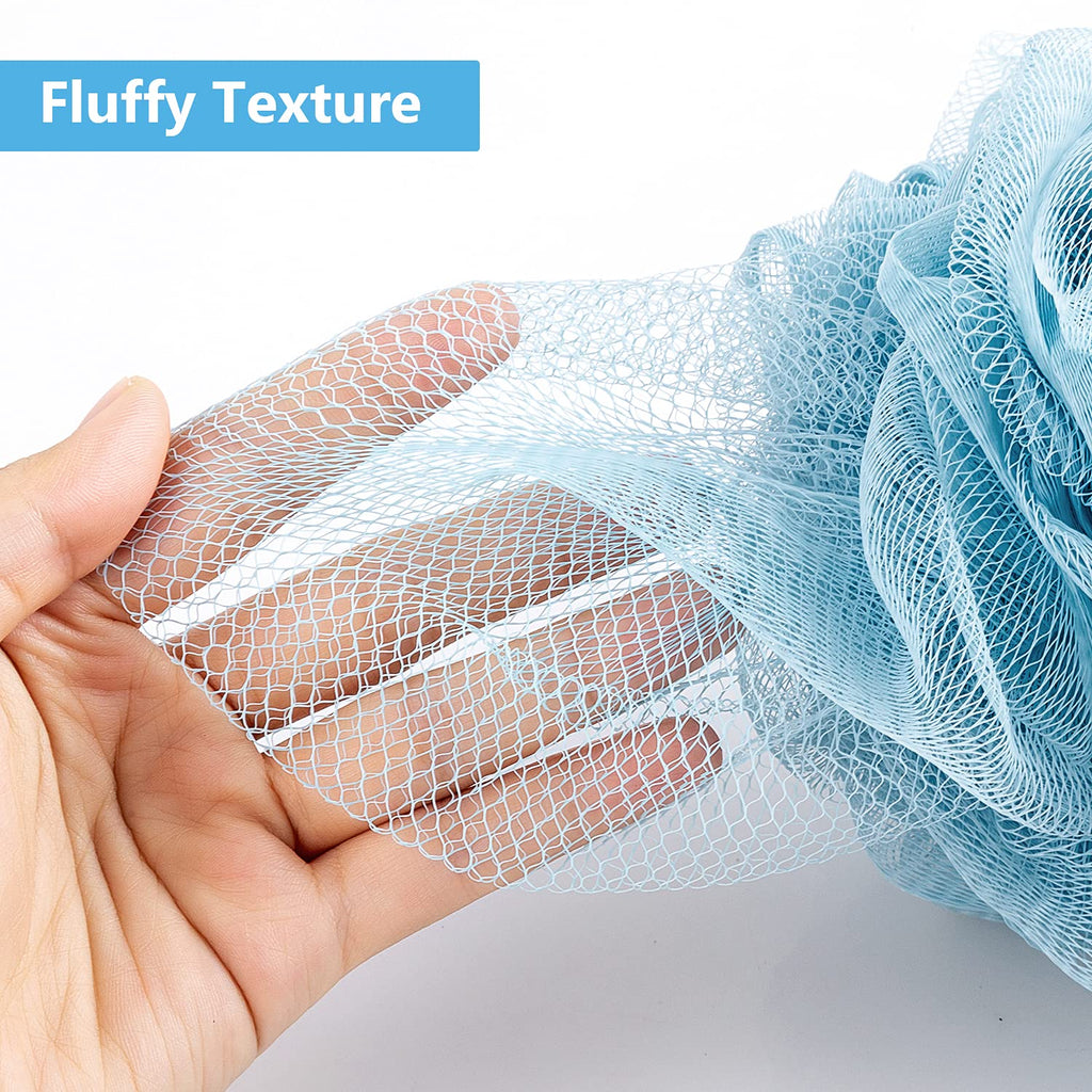 VANZAVANZU Bath Loofah Large 80g Shower Sponge Body Scrubber Mesh Pouf for Men and Women, Set of 4 (Turquoise + White)