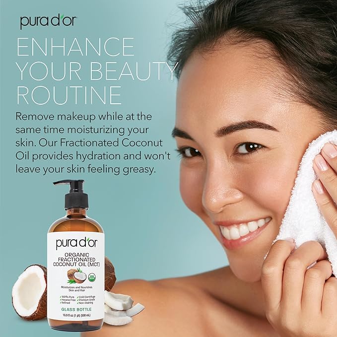 PURA D'OR ORGANIC Fractionated Coconut Oil MCT Oil (16.9 Oz GLASS BOTTLE) 100% Pure & Natural