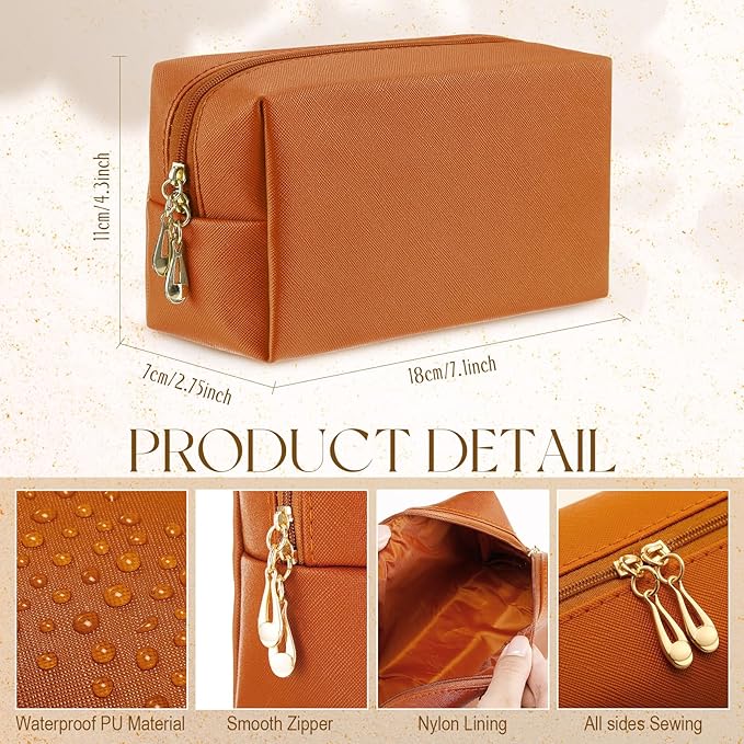 Kigeli Aesthetic Makeup Bags PU Leather Cosmetic Pouches Waterproof Plain Toiletry Bags Makeup Pouches Bulk for Women Party Gift Travel Storage Organizer(Orange Brown,7.1 x 2.8 x 4.3 in)
