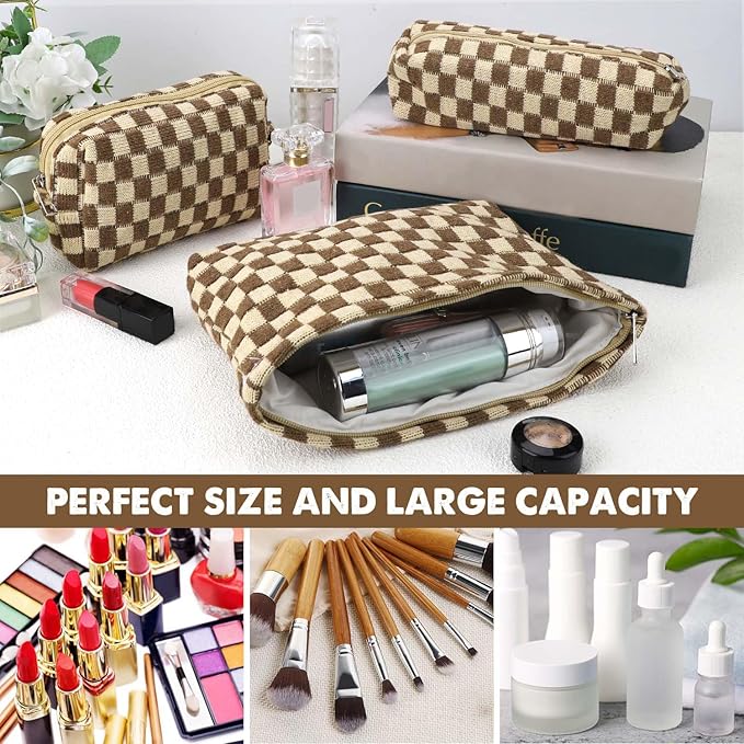 Gocvo 3 Pcs Makeup Bag Cosmetic Bag Set for Girls Women Checkered Travel Organizer Bathroom Toiletry Pouch Large Capacity Storage Bag (Brown)