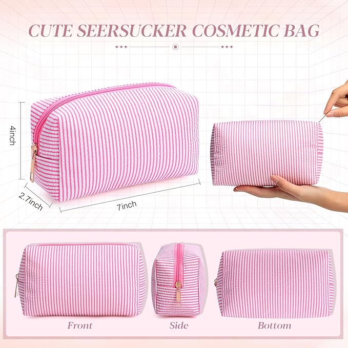 Sanwuta 6 Pcs Seersucker Cosmetic Bags Bulk Seersucker Makeup Bags Stripe Women Pouch Large Preppy Storage Pouch Toiletry Travel for Wedding Bridesmaid Bride Favor Back to Teacher Gift (Rainbow)