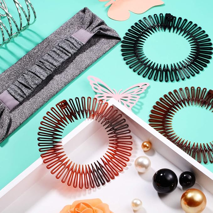 Shappy 9 Pieces Full Circular Stretch Comb Flexible Plastic Circle Comb Stretch Hair Headband Hairband Holder for Women Girls, 3 Colors(Black, Coffee, Tortoise Shell)
