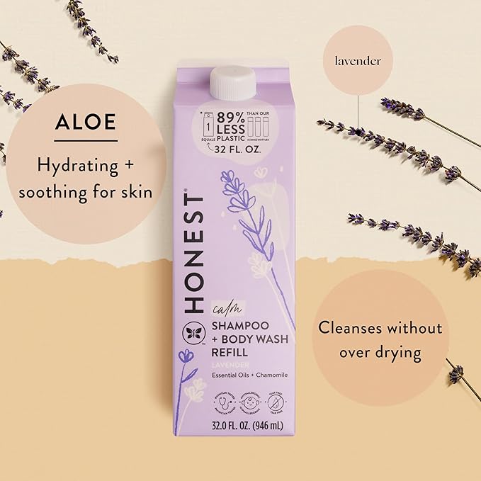 The Honest Company 2-in-1 Cleansing Shampoo Body Wash Refill Carton Gentle for Baby, Naturally Derived, Tear-free, Hypoallergenic, Lavender Calm, 32 fl oz
