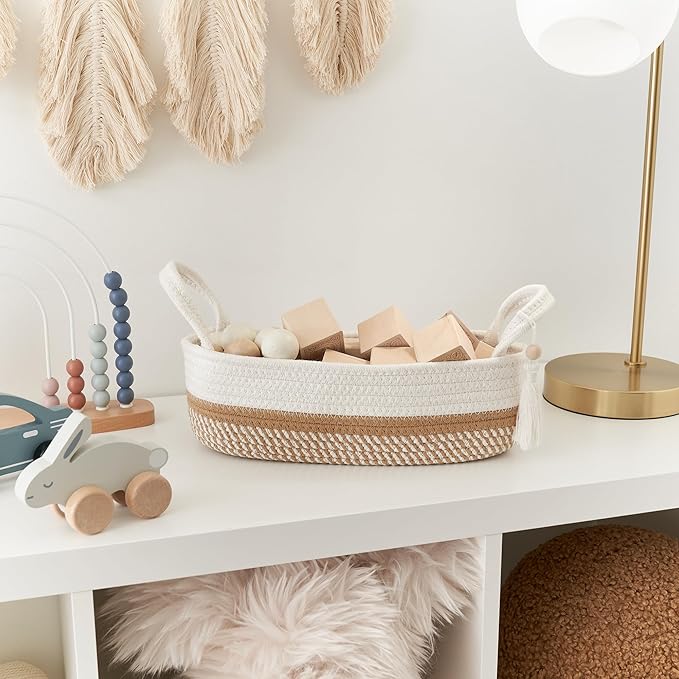 Decorative Toilet Paper Basket – Beautiful Bathroom Organizer for Toilet Tank Storage Decor – Boho Cotton Rope Bin with Tassel for Bathroom Accessories and as Shelf Decor