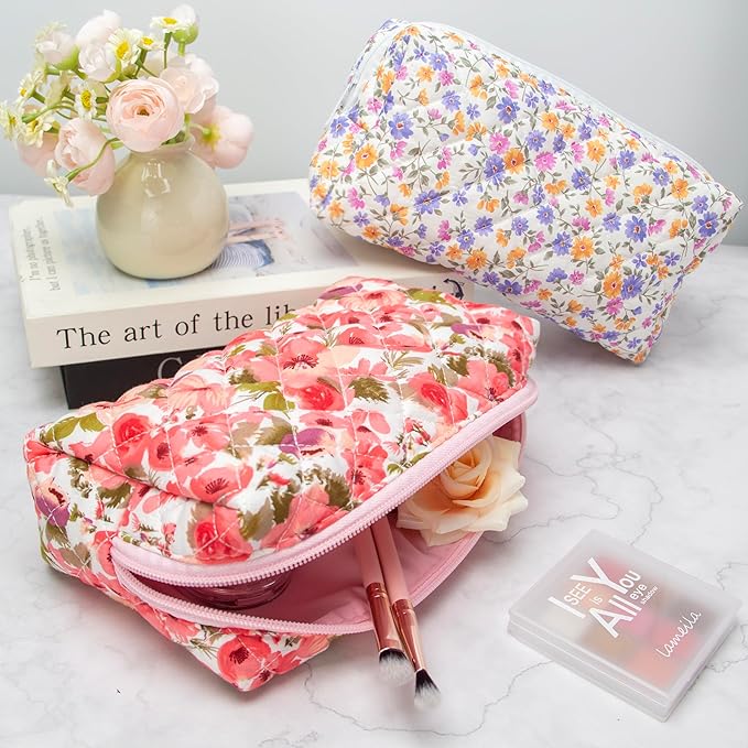 PAZIMIIK Small Quilted Makeup Bag,Zipper Cosmetic Pouch,Floral Red