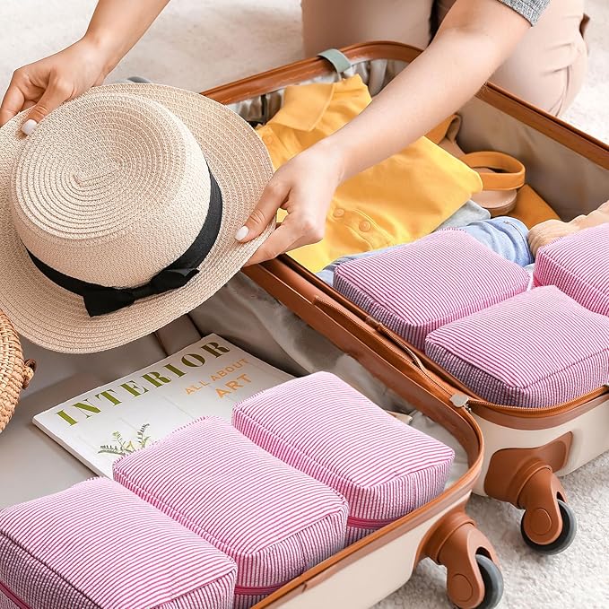 Sanwuta 9 Seersucker Cosmetic Bag Bulk Striped Makeup Bag for Women Aesthetic Cute Travel Toiletry Organizer Preppy Storage Pouch for Wedding Bridesmaid Mother's Day Teacher Gift (Large,Pink)