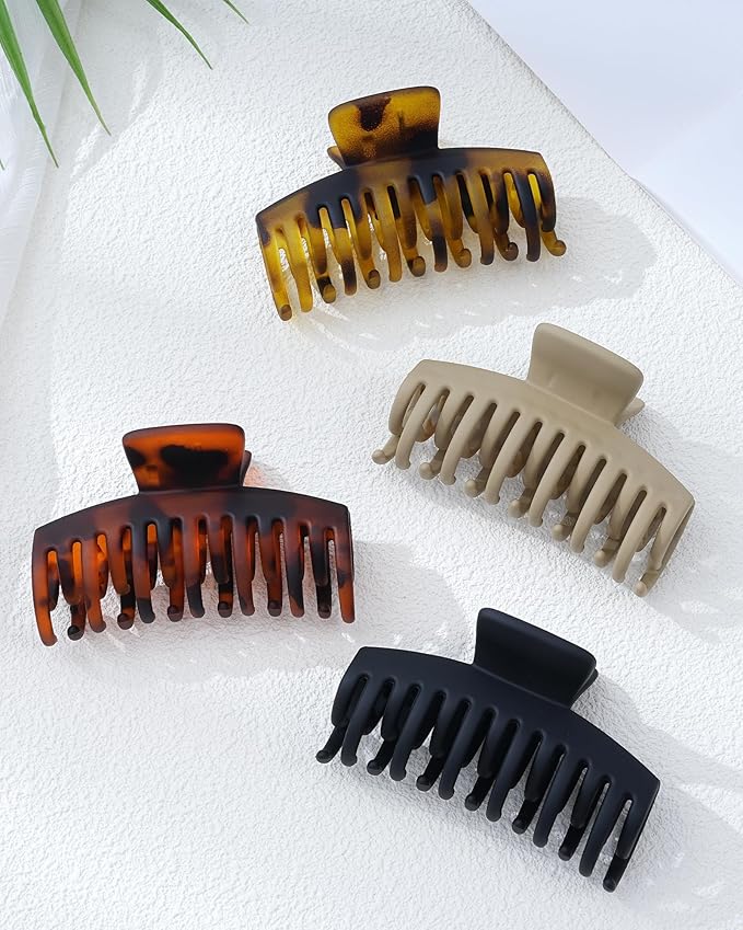 Mesovor 4 Pack Double Row Teeth Hair Claw Clips, 3.5" Large Strong Hold Matte Hair Clips for Thin and Short Fine Hair Accessories (Tortoise Matte)