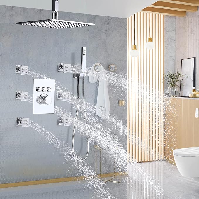 Solid Brass Shower Body Jets with Adjustable Flow Polished Chrome Round Shower Jets, Angle Adjustable, Flow Control