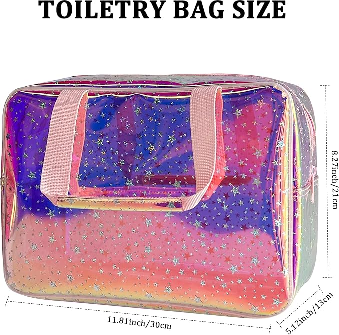 TotePrint TPU Holographic Pink Star Large Cosmetic Bag 12x5x8 inch Travel Pouch with Handle,Durable Material,Zipper Design-Ideal for Makeup,Travel Essentials (9593-8)