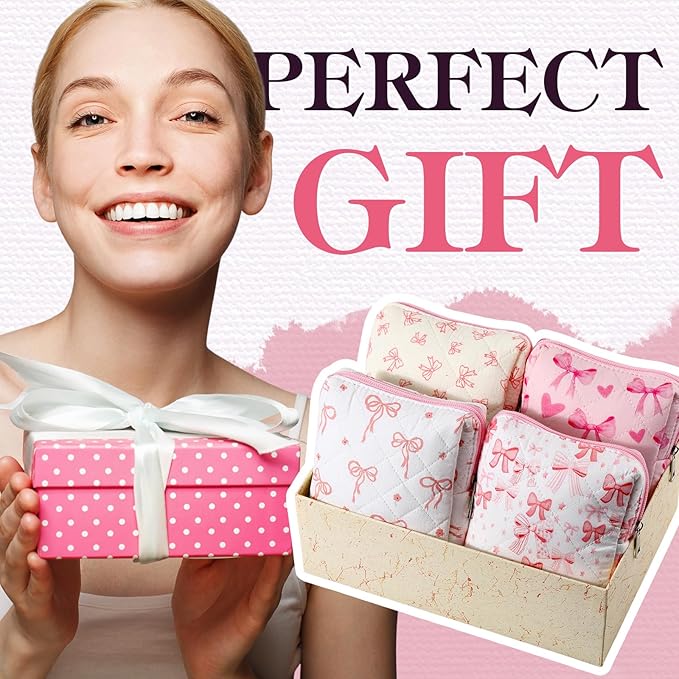 Paterr 4 Pcs Mini Quilted Makeup Bag Cute Pink Bow Cosmetic Bag Coquette Quilted Makeup Pouch with Zipper Cute Travel Toiletry Bags for Women Girls Back to School Teacher Students Gifts