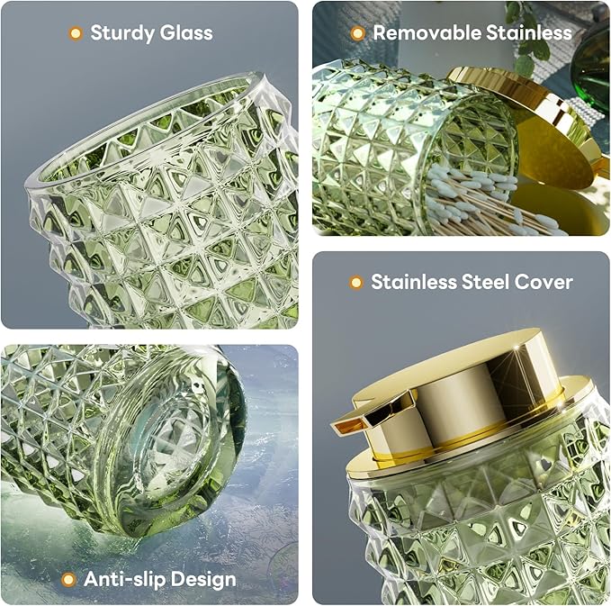 XLHOMO Bathroom Sets with Shower Curtain and Rugs and Accessories, Glass Bathroom Accessories Set Green Bathroom Set Bathroom Sets, Green Bath Mat and Diamond Soap Dispenser for Bathroom Decor