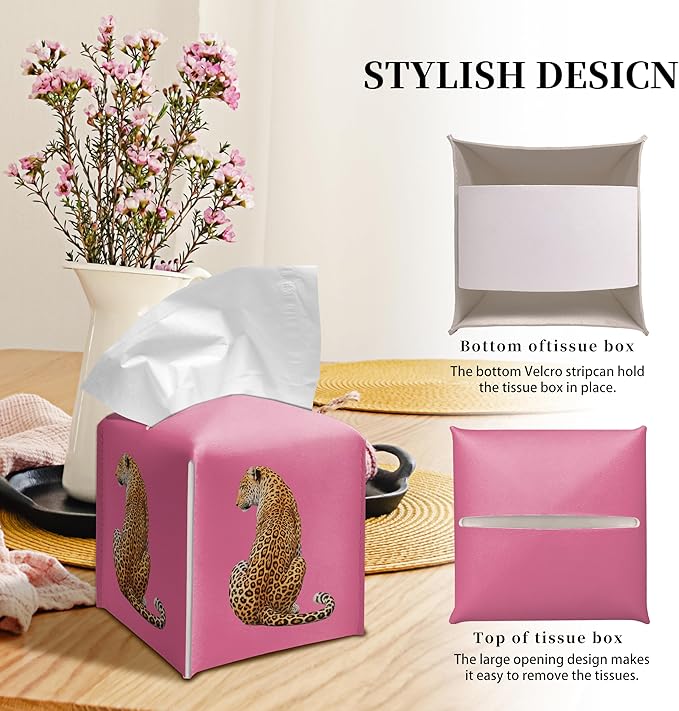 Grace Yonks Cute Tissue Box Cover Square - Leopard Cat Print on Hot Pink Background Design 5.2" PU Leather Holder for Vanity, Desk, or Bathroom Counter - Cube Case for Facial Tissues(015)