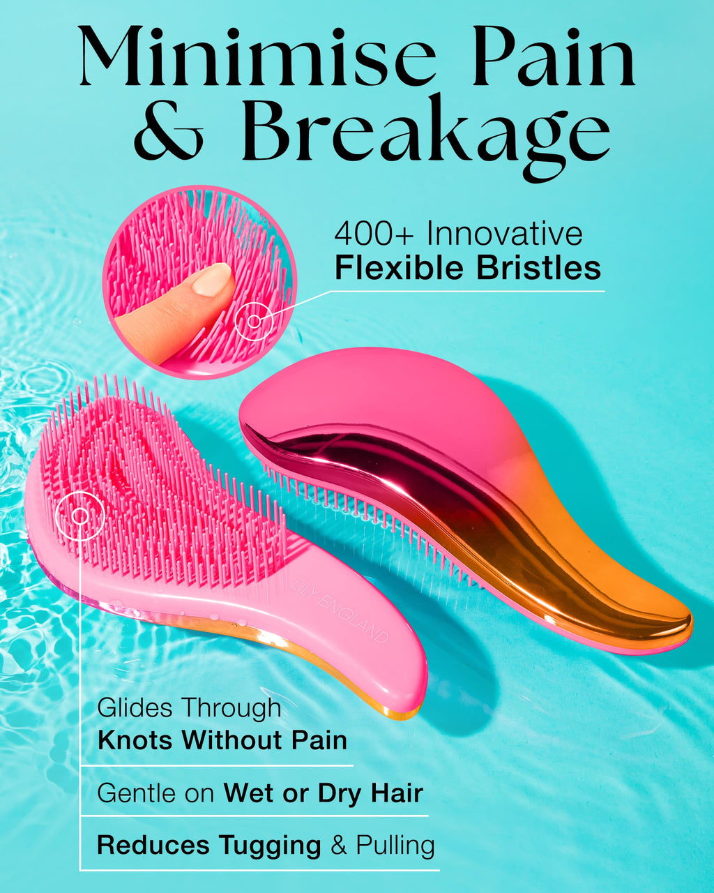 Lily England Detangler Hair Brush for Curly, Thick, Straight & Natural Hair - Gentle Detangling Brush for Women, Kids & Toddlers with Flexible Bristles - Smooth Hairbrush for Wet & Dry Hair, Pink