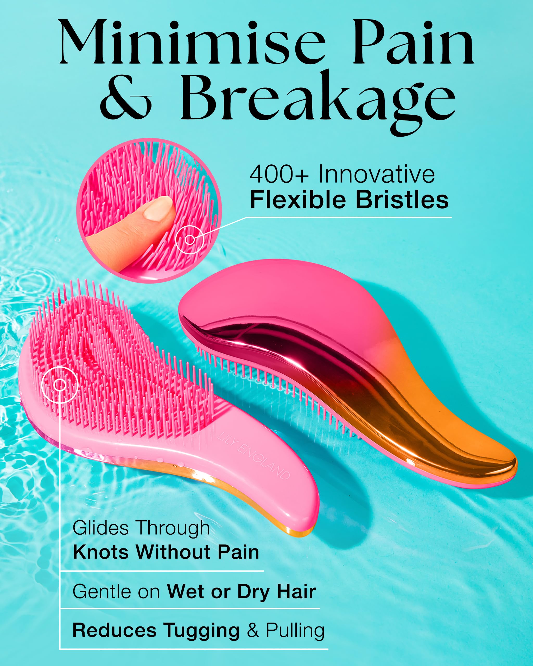 Lily England Detangler Hair Brush for Curly, Thick, Straight & Natural Hair - Gentle Detangling Brush for Women, Kids & Toddlers with Flexible Bristles - Smooth Hairbrush for Wet & Dry Hair, Pink