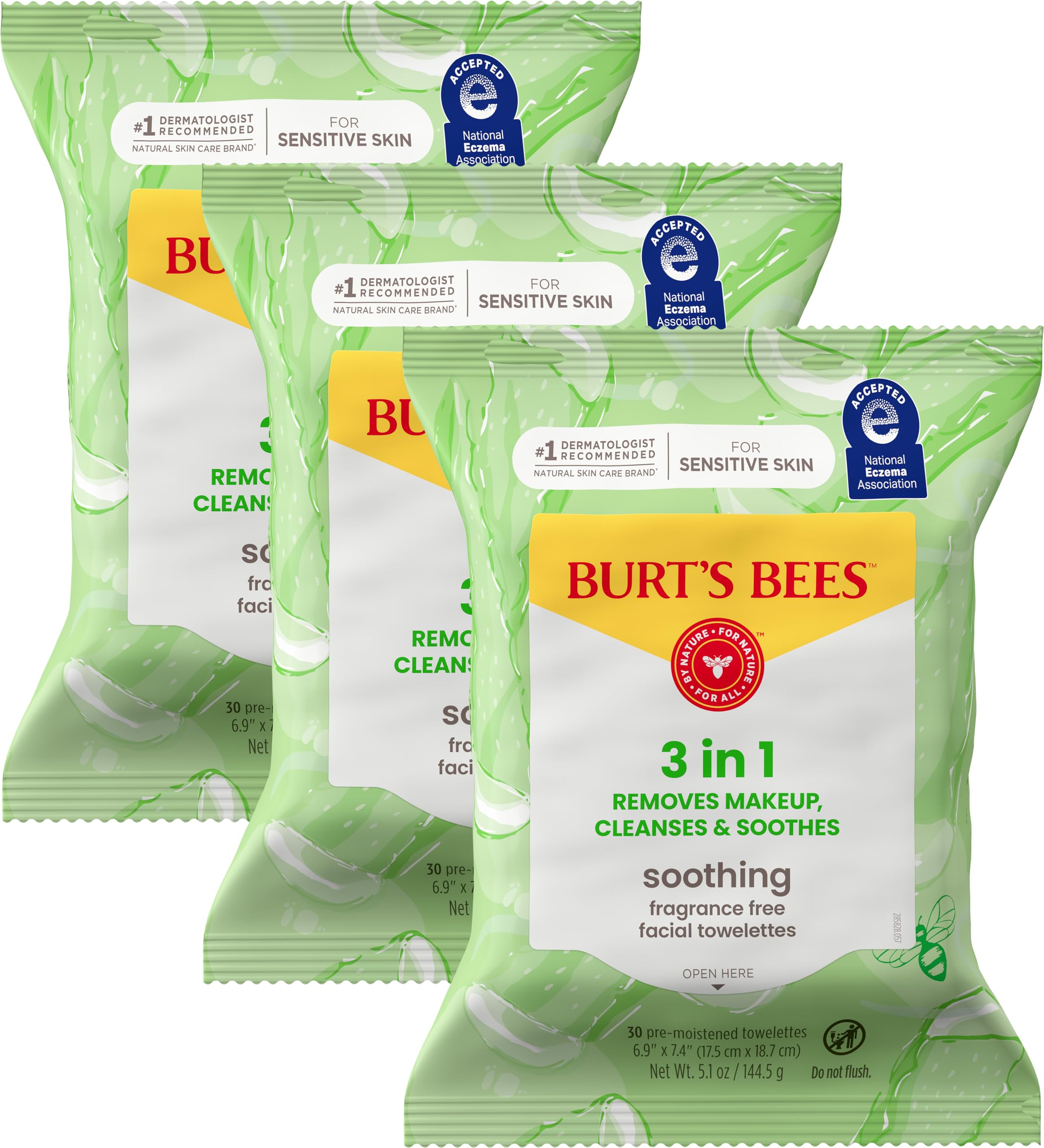 Burt's Bees Soothing Fragrance Free Facial Towelettes with Aloe Vera, 100 Percent Plant Based Cloth Makeup Remover Wipes for Sensitive Skin, 99 Percent Natural Origin Skin Care, 30 ct., Three Pack