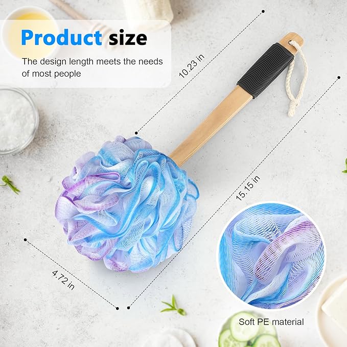 FORENEE Blue, Purple and White Loofah on a Stick, PE Mesh Back Scrubber
